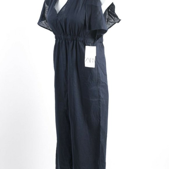 Zara Womens Rustic Jumpsuit Pants Linen Navy Blue - Picture 5 of 8